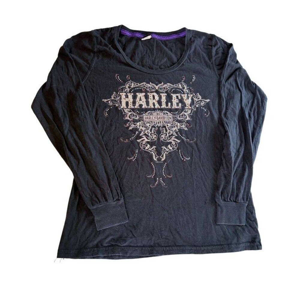 Harley Davidson Rhinestone Long Sleeve Tee Size L Waukon Iowa Black Shirt